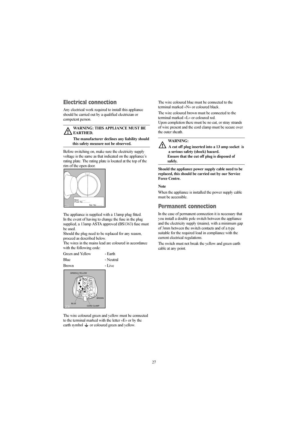 Tricity Bendix WDR 1240 W, WDR 1040 W installation instructions Electrical connection, Permanent connection 