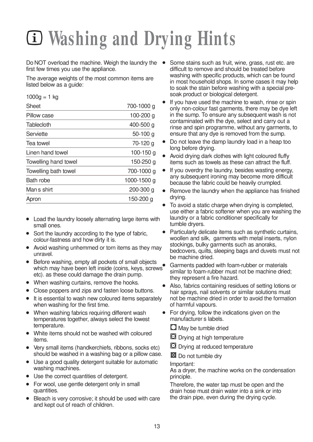 Tricity Bendix WDR 1041, WDR 1241 installation instructions Washing and Drying Hints, 1000g = 1 kg 