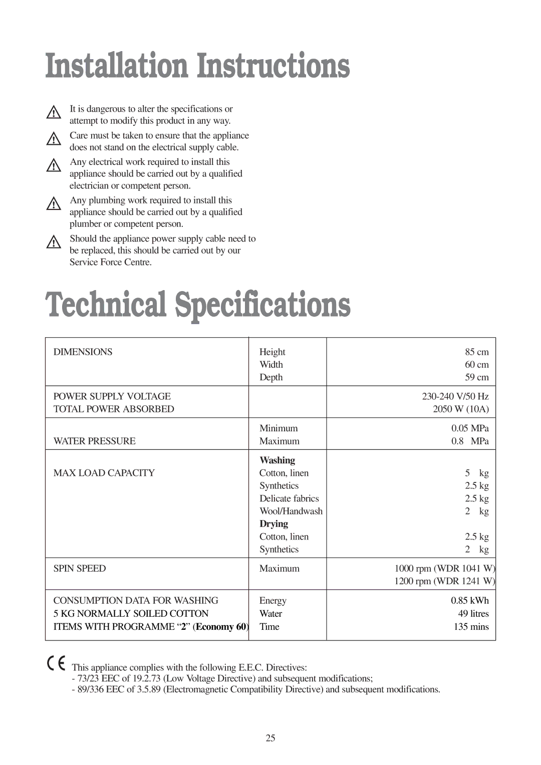 Tricity Bendix WDR 1041, WDR 1241 Installation Instructions, Technical Specifications, Washing, Drying 