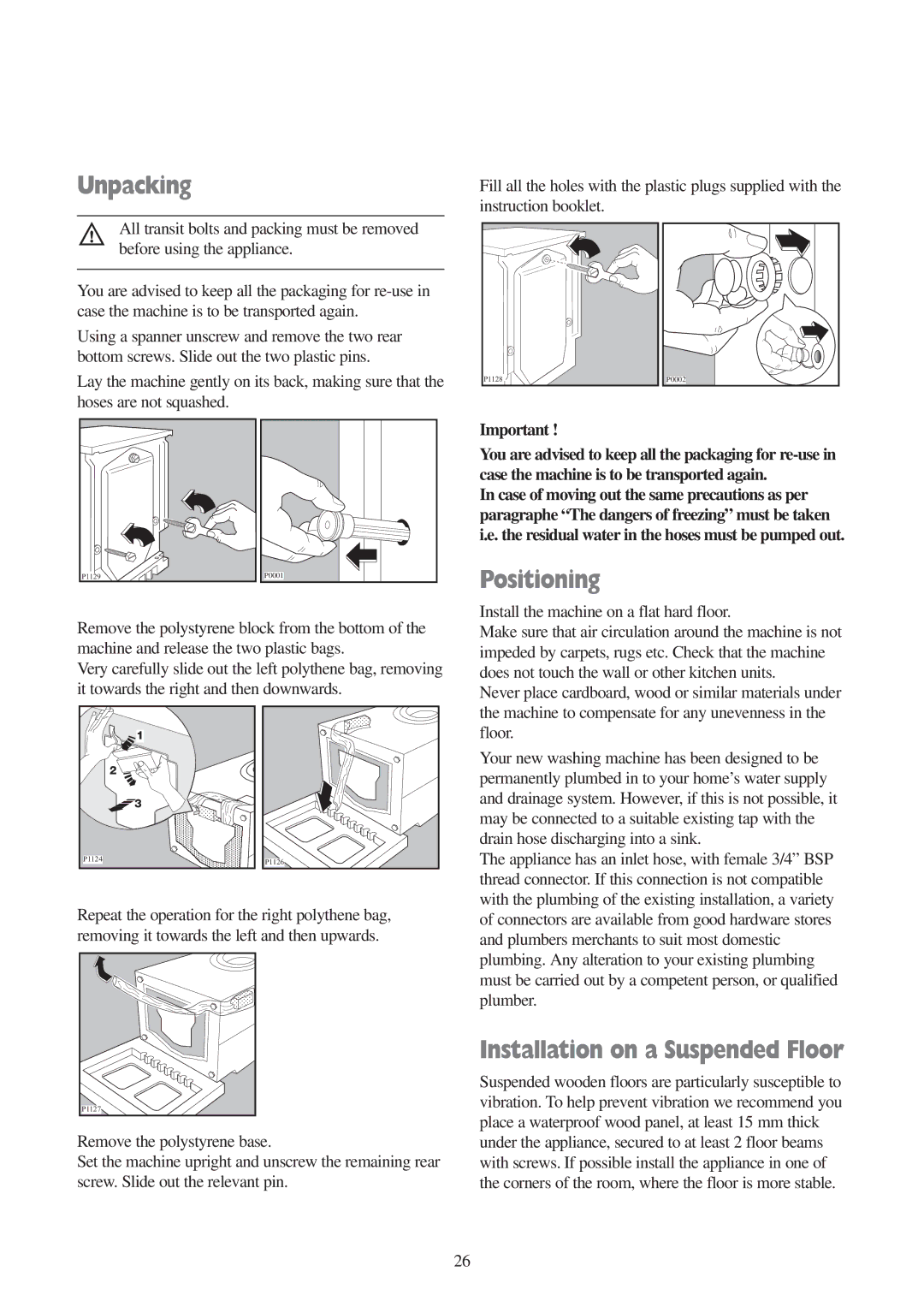 Tricity Bendix WDR 1241, WDR 1041 installation instructions Unpacking, Positioning, Installation on a Suspended Floor 