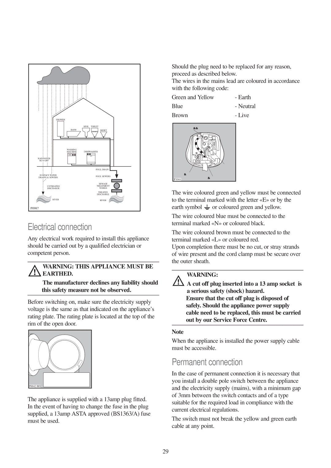 Tricity Bendix WDR 1041, WDR 1241 installation instructions Electrical connection, Permanent connection, Brown Live 