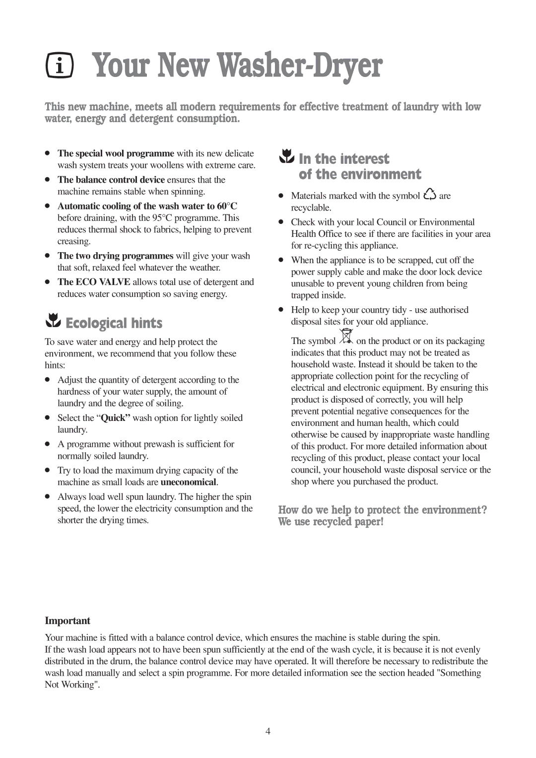 Tricity Bendix WDR 1241, WDR 1041 installation instructions Your New Washer-Dryer, Ecological hints, Interest Environment 