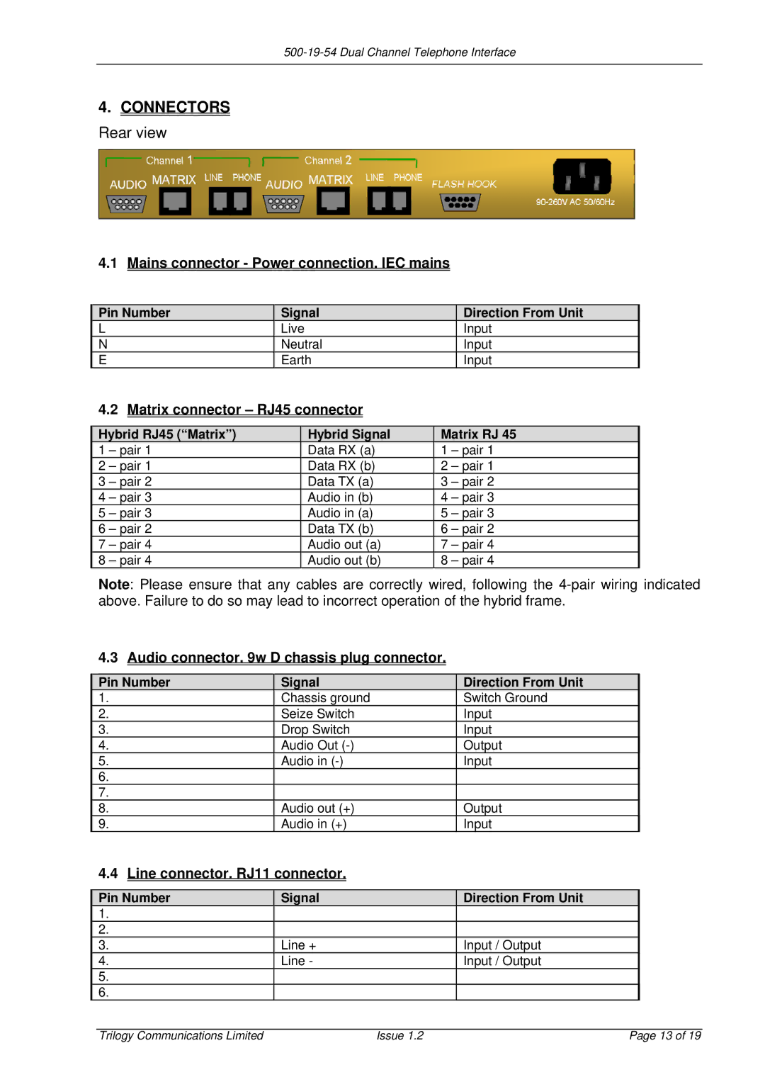 Trilogy Touch Technology 500-19-54, 700-19-54 Mains connector Power connection. IEC mains, Matrix connector RJ45 connector 