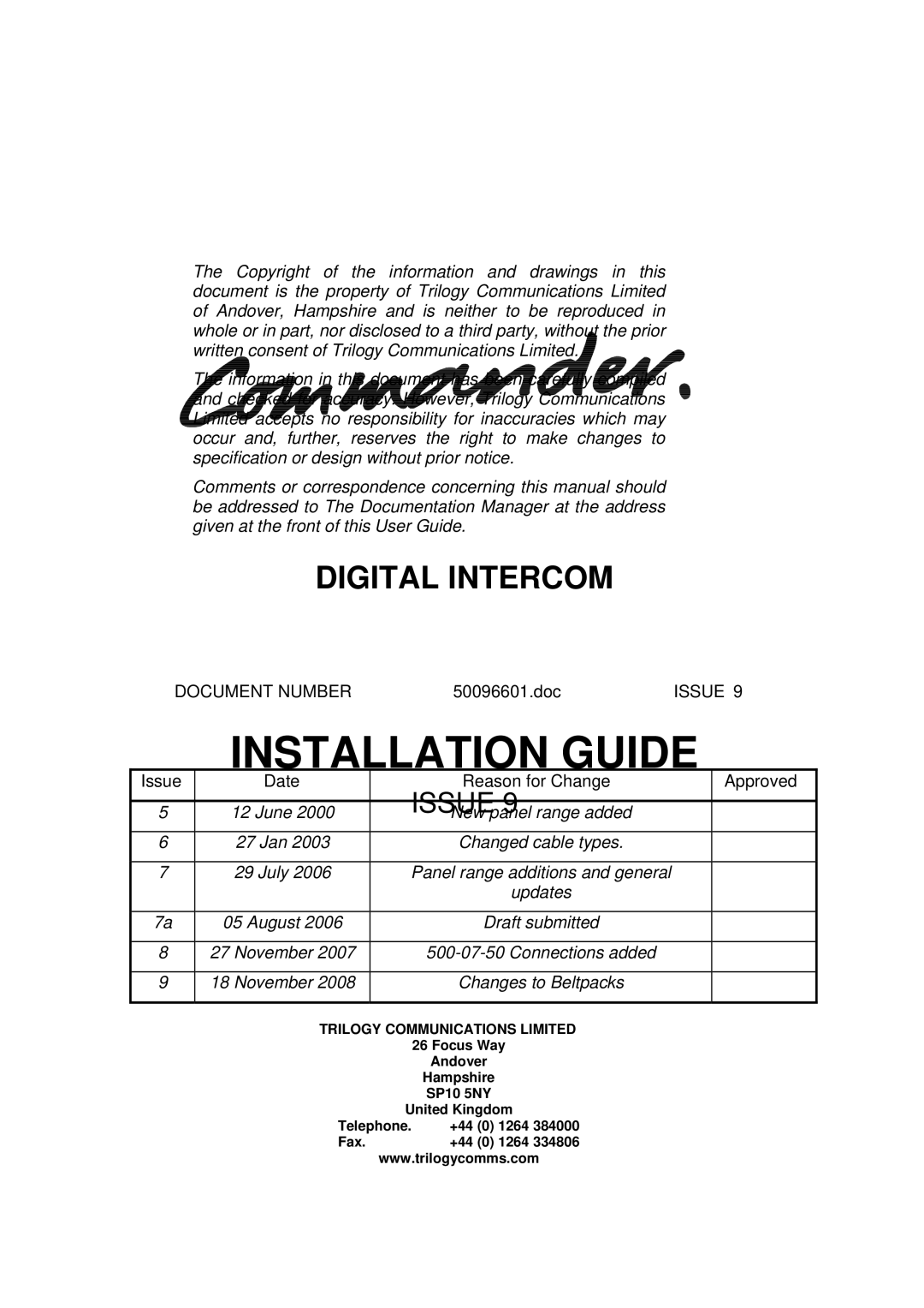 Trilogy Touch Technology manual Document Number, 50096601.doc, Issue Date Reason for Change Approved 