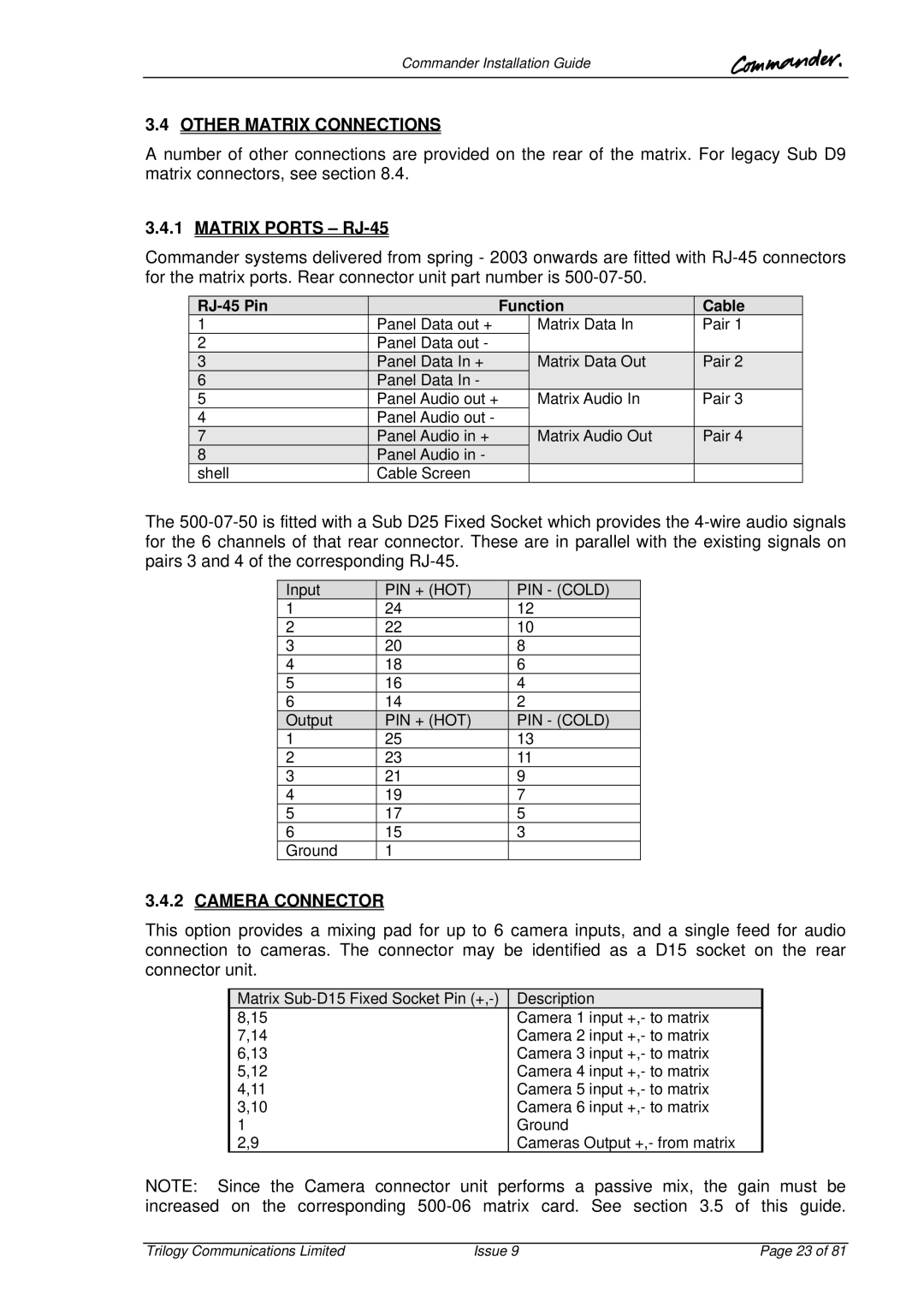 Trilogy Touch Technology 9 manual Other Matrix Connections, Matrix Ports RJ-45, Camera Connector 