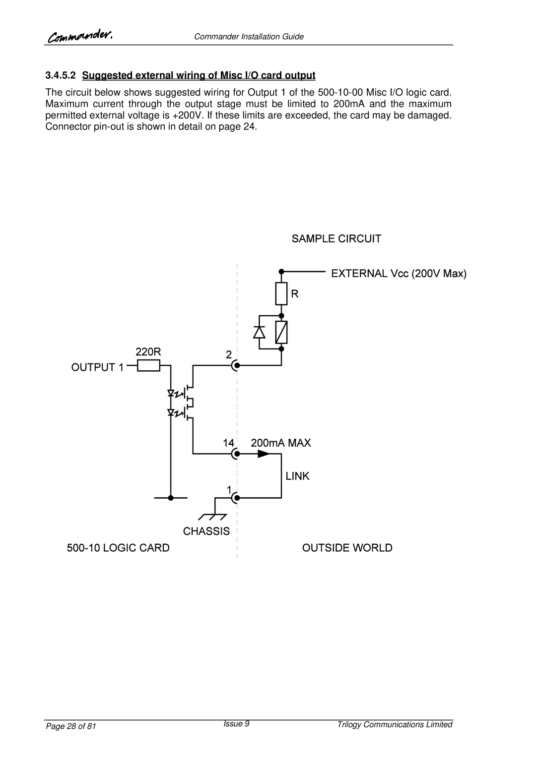 Trilogy Touch Technology 9 manual Suggested external wiring of Misc I/O card output 