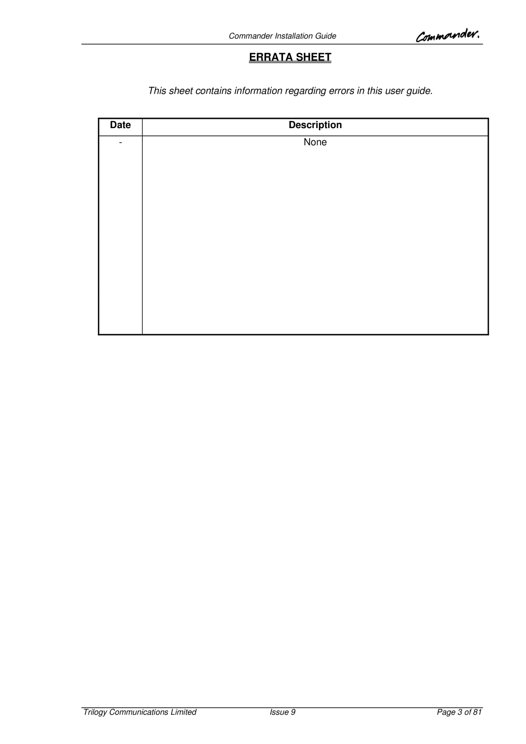 Trilogy Touch Technology 9 manual Errata Sheet, Description 