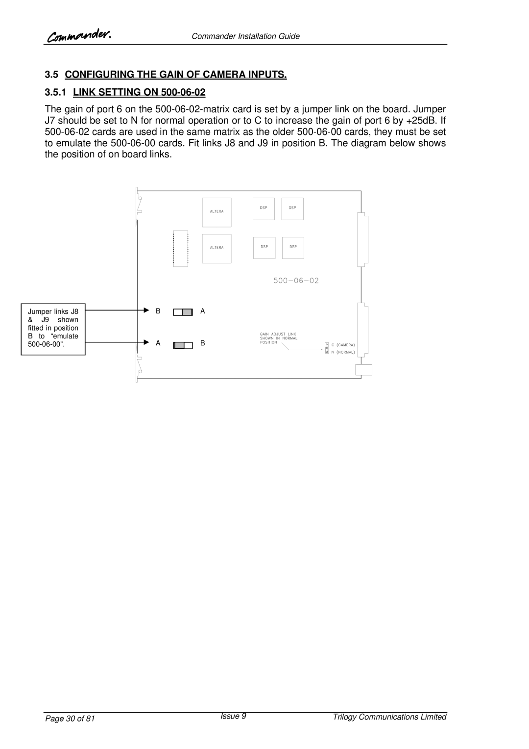 Trilogy Touch Technology 9 manual Configuring the Gain of Camera Inputs .5.1 Link Setting on 