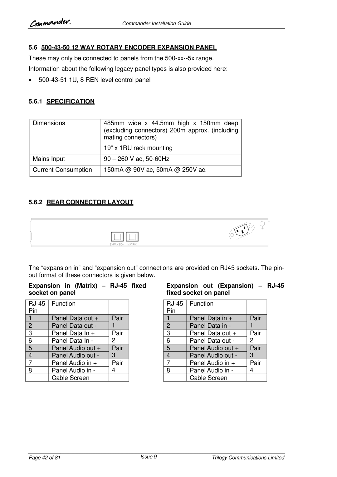 Trilogy Touch Technology 9 manual Specification, Rear Connector Layout 