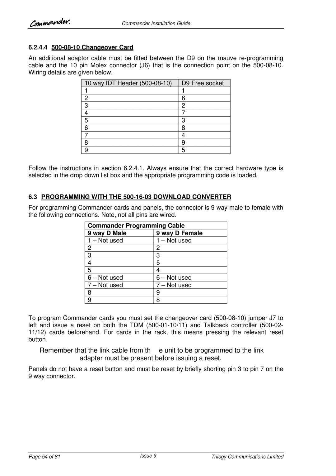 Trilogy Touch Technology 9 manual 4.4 500-08-10 Changeover Card, Programming with the 500-16-03 Download Converter 