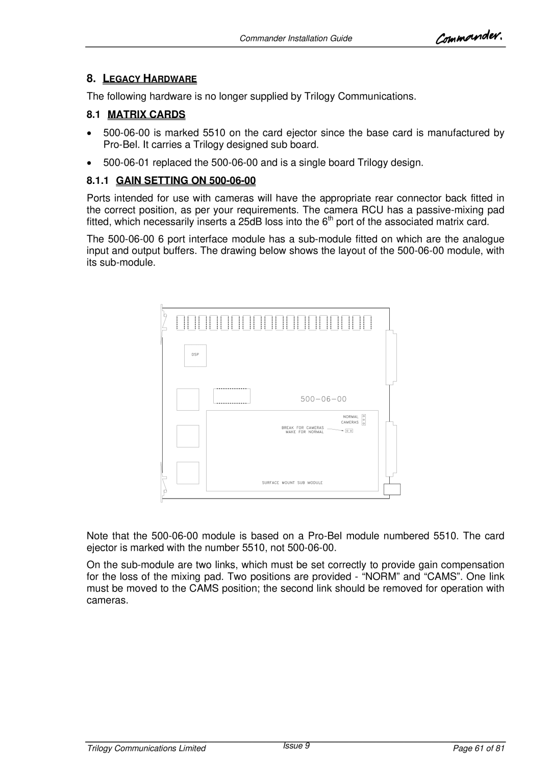 Trilogy Touch Technology 9 manual Matrix Cards, Gain Setting on 