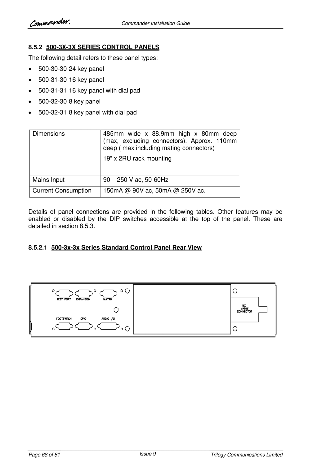 Trilogy Touch Technology 9 manual 2.1 500-3x-3x Series Standard Control Panel Rear View 