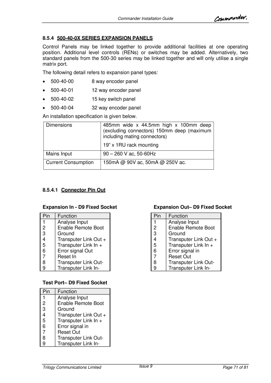 Trilogy Touch Technology manual 4 500-40-0X Series Expansion Panels, Connector Pin Out Expansion In D9 Fixed Socket 