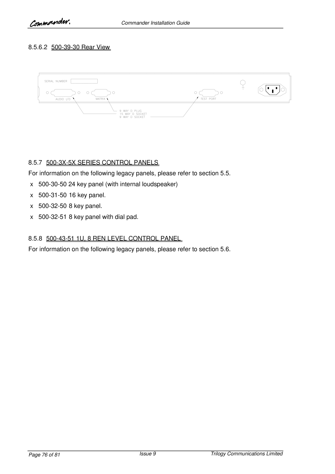 Trilogy Touch Technology manual 6.2 500-39-30 Rear View, 7 500-3X-5X Series Control Panels 