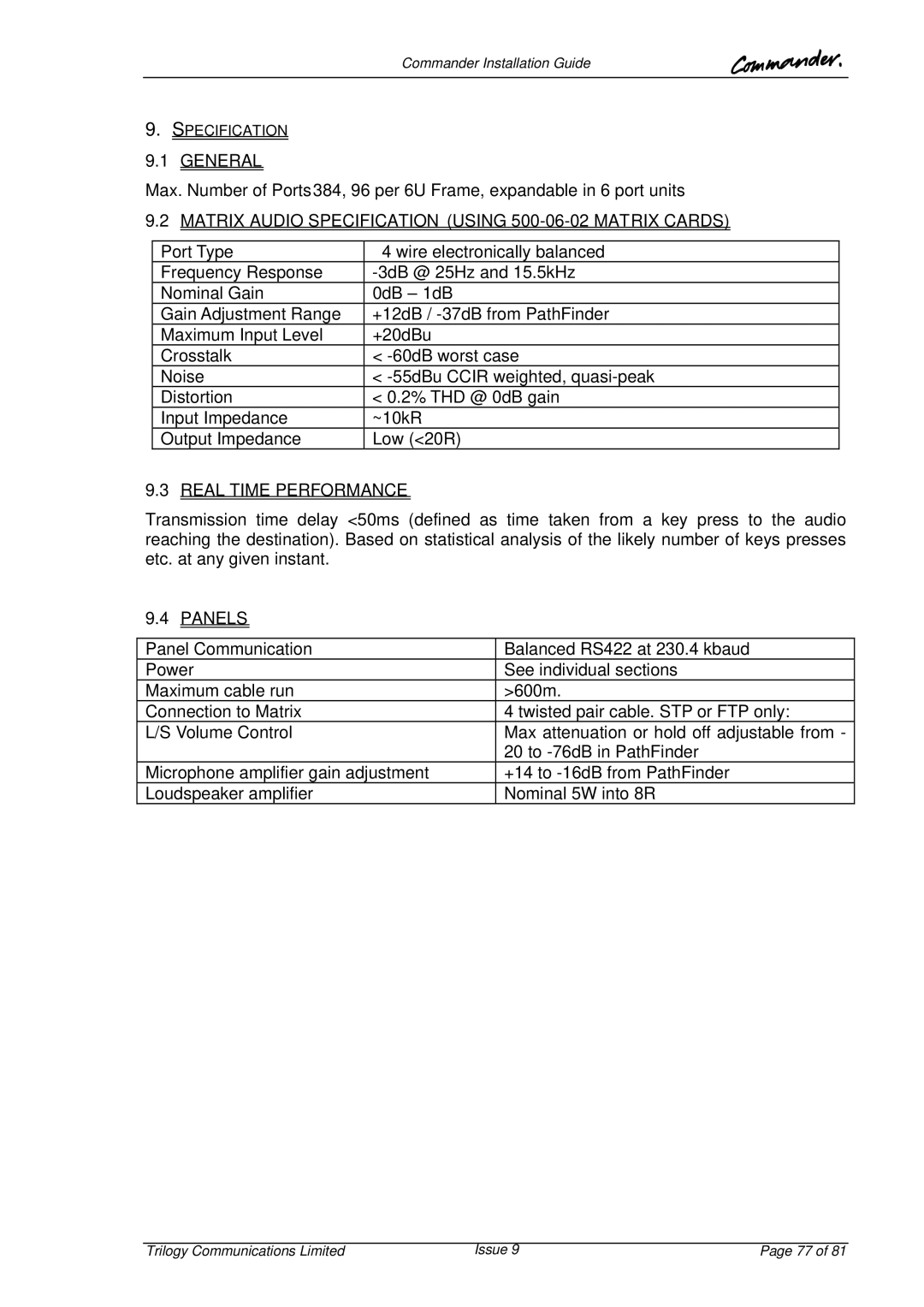Trilogy Touch Technology 9 General, Matrix Audio Specification Using 500-06-02 Matrix Cards, Real Time Performance, Panels 