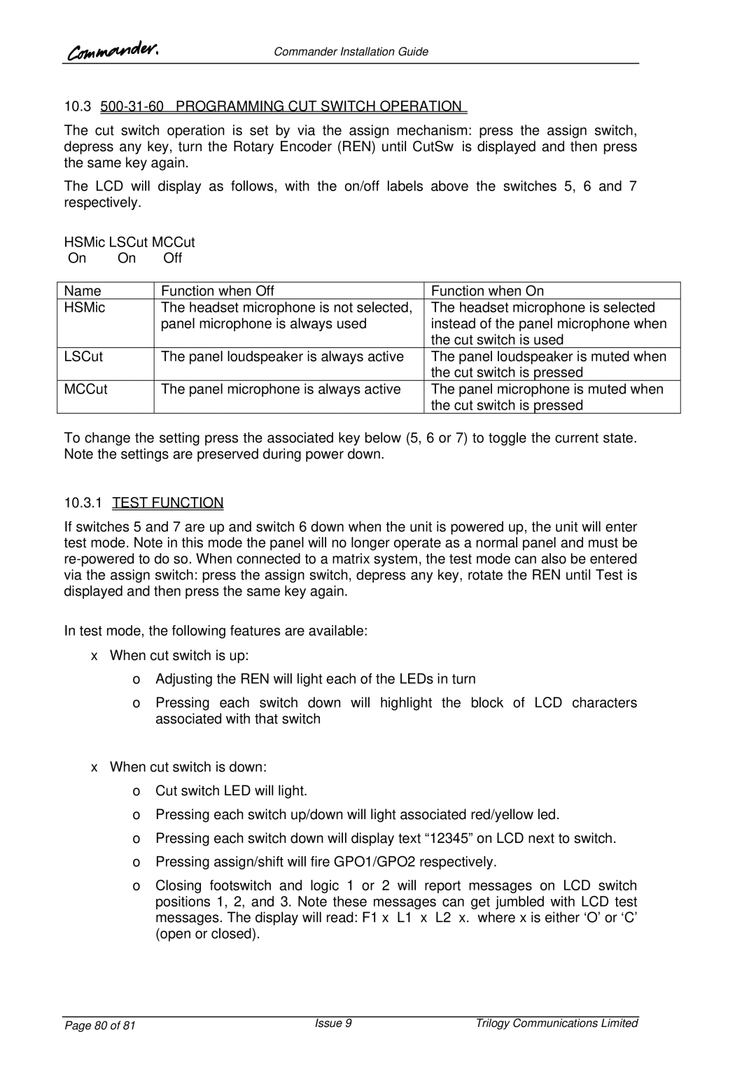 Trilogy Touch Technology 9 manual 10.3 500-31-60 Programming CUT Switch Operation, HSMic LSCut MCCut Off, Test Function 