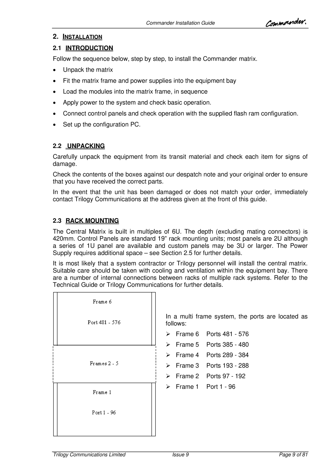 Trilogy Touch Technology 9 manual Introduction, Unpacking, Rack Mounting 