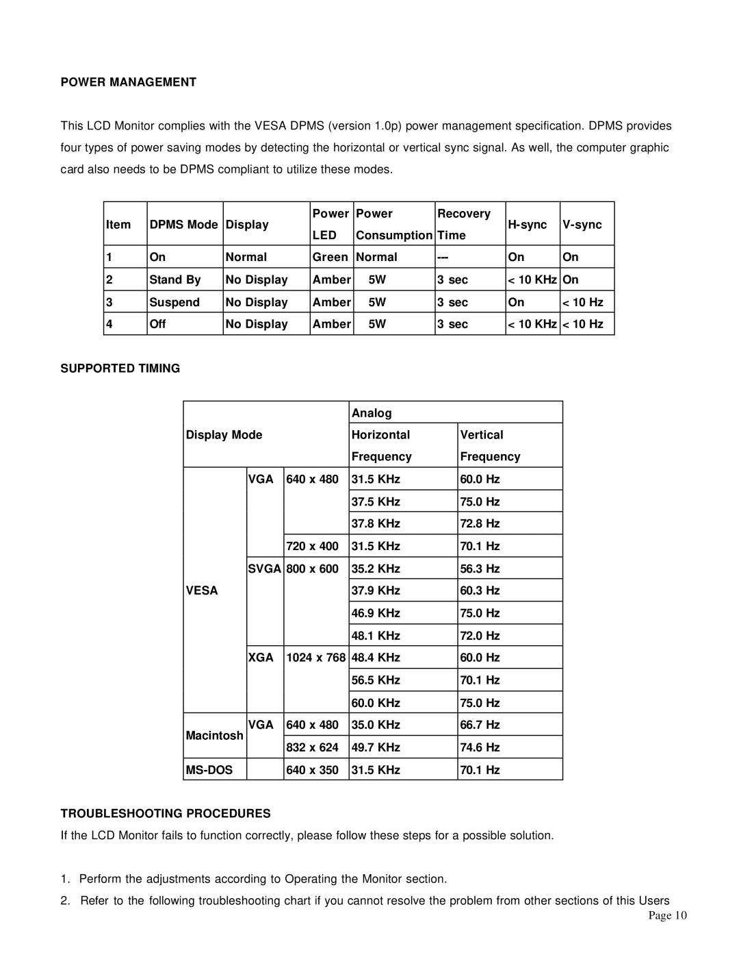 Trilogy Touch Technology T3-HB15A1 manual Power Management, Led, Supported Timing, Svga, Vesa, Xga, Ms-Dos 