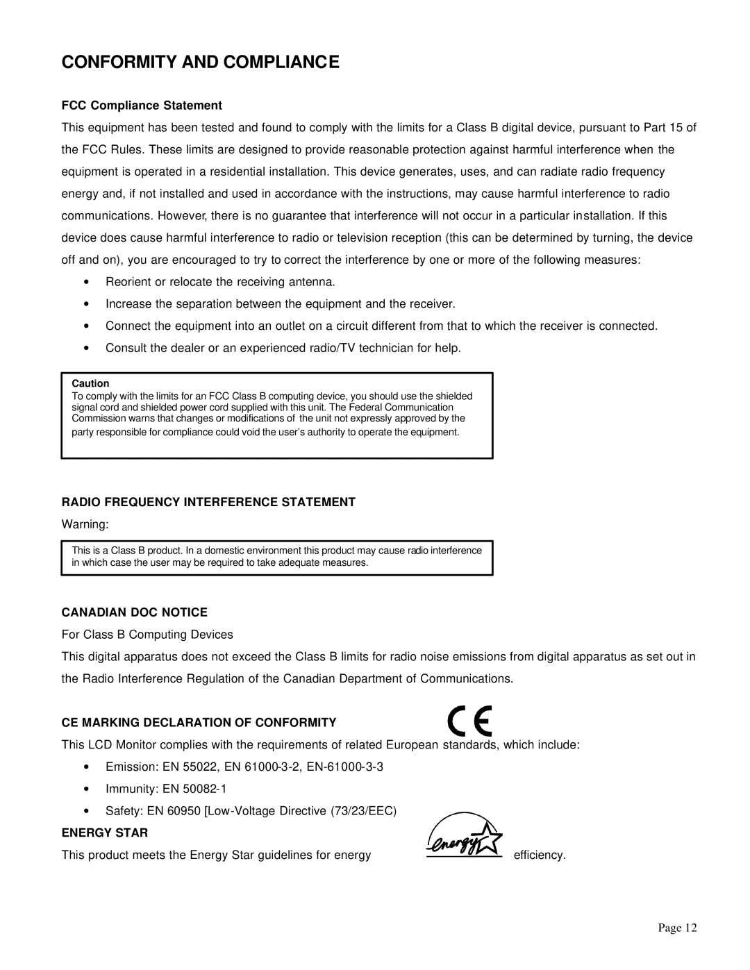 Trilogy Touch Technology T3-HB15A1 Conformity and Compliance, Radio Frequency Interference Statement, Canadian DOC Notice 