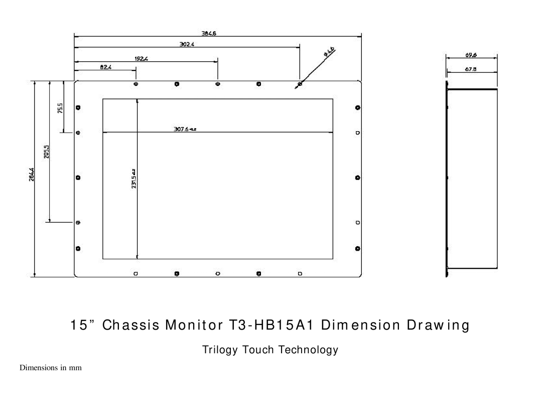 Trilogy Touch Technology manual Chassis Monitor T3-HB15A1 Dimension Drawing 