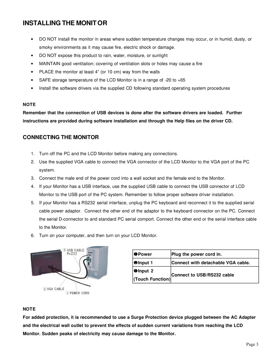 Trilogy Touch Technology T3-HB15A1 manual Installing the Monit or, Connecting the Monitor 