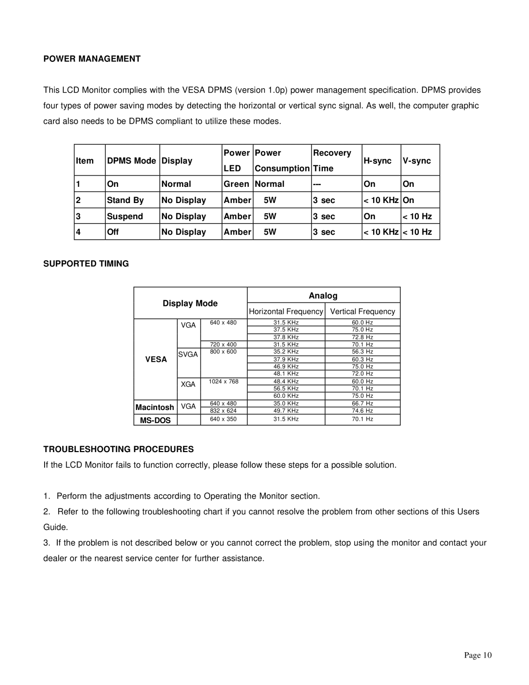 Trilogy Touch Technology T3-HB17A1 manual Power Management, Led, Supported Timing, Troubleshooting Procedures 