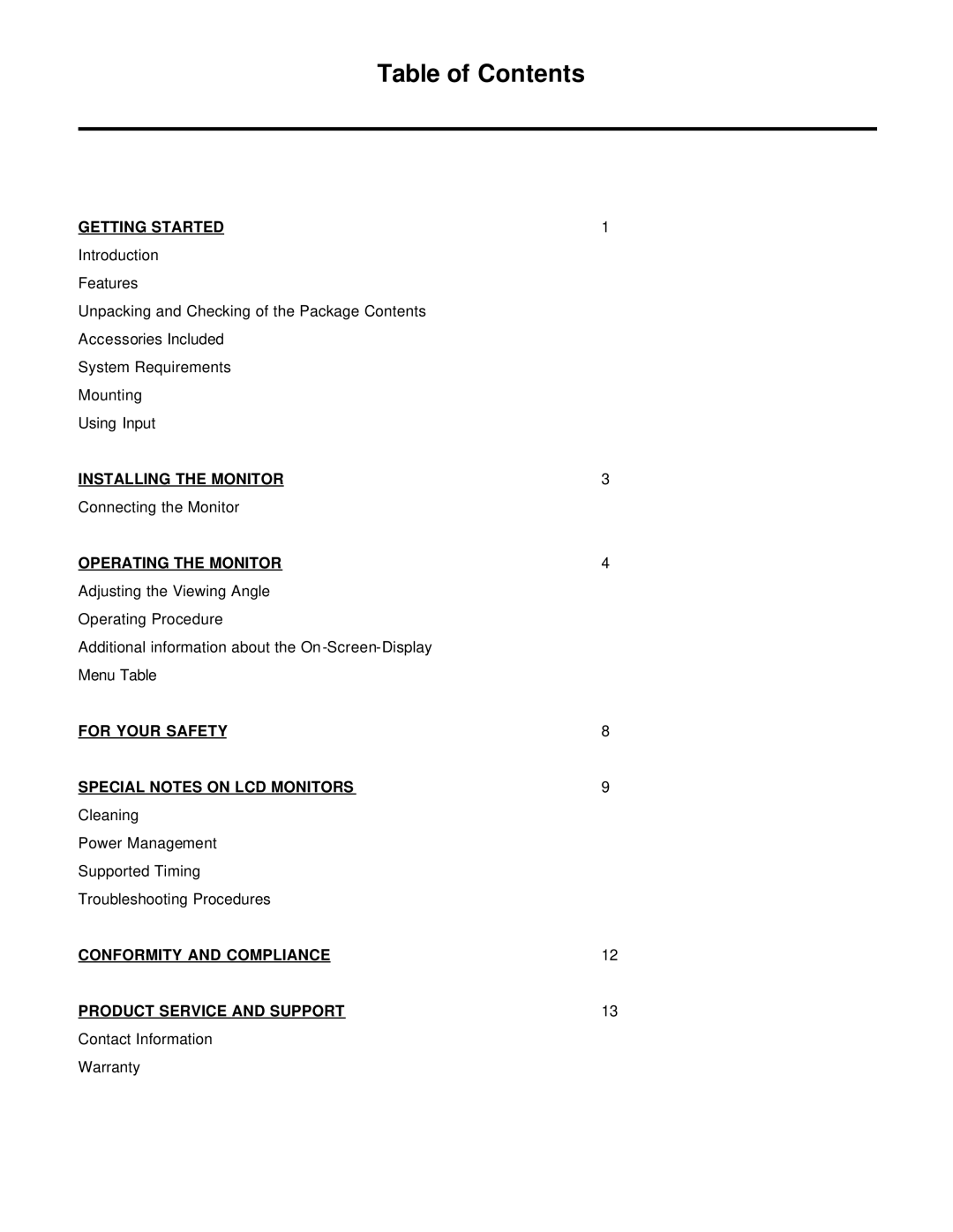 Trilogy Touch Technology T3-HB17A1 manual Table of Contents 