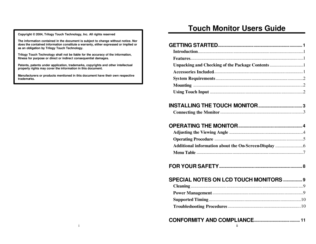 Trilogy Touch Technology Trilogy Touch Monitor warranty Getting Started, Conformity and Compliance 