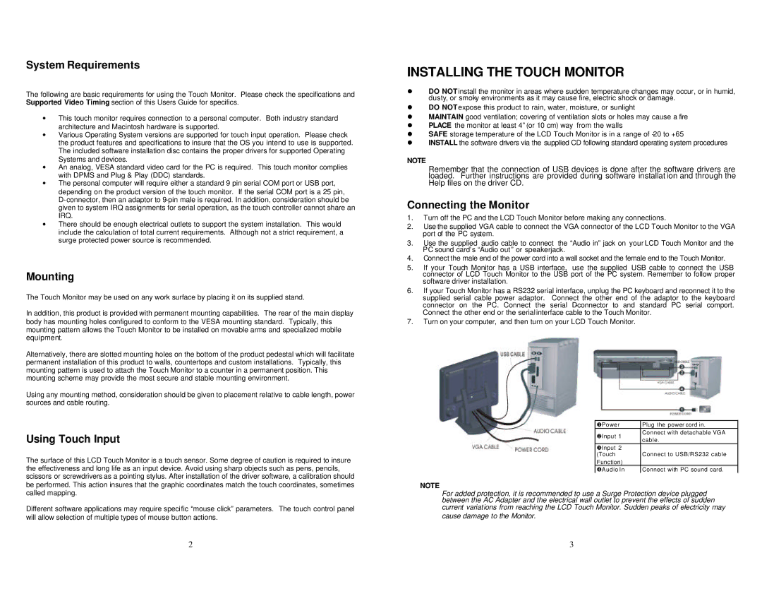 Trilogy Touch Technology Trilogy Touch Monitor warranty Installing the Touch Monitor, System Requirements, Mounting 