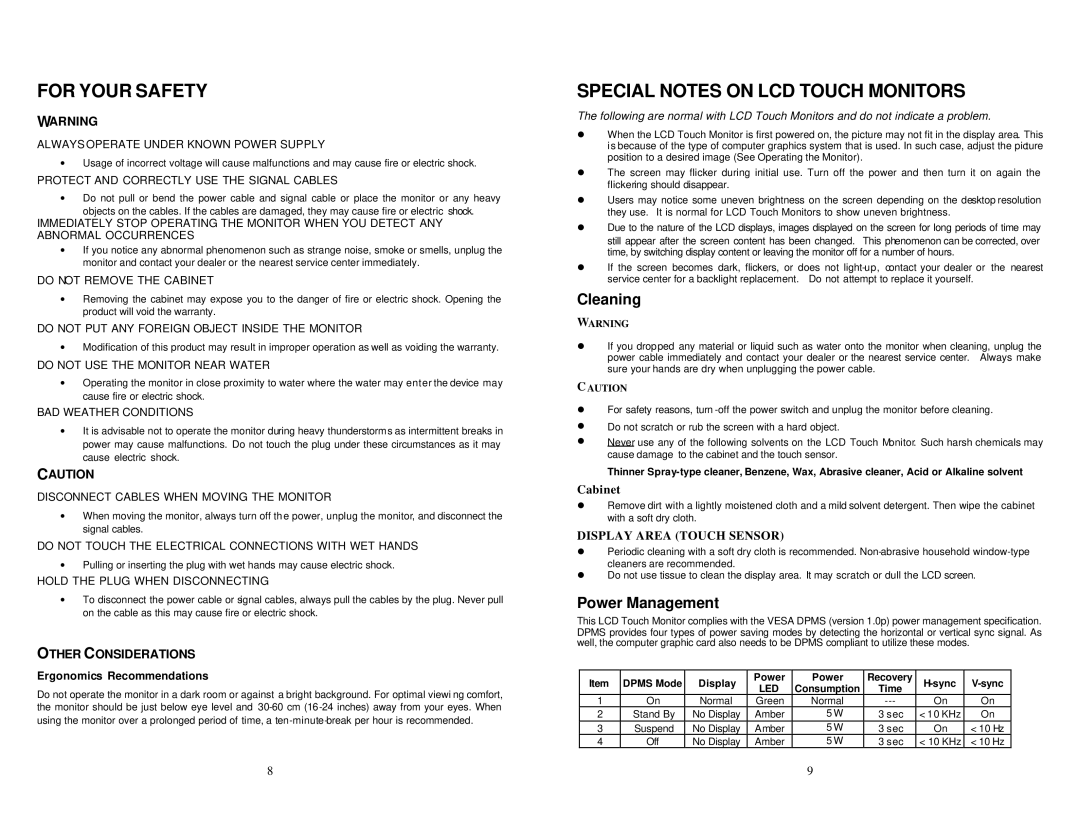 Trilogy Touch Technology Trilogy Touch Monitor warranty For Your Safety, Special Notes on LCD Touch Monitors, Cleaning 