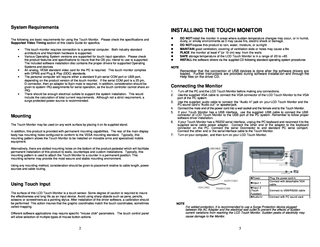 Trilogy Touch Technology Trilogy Touch Monitor warranty Installing The Touch Monitor, System Requirements, Mounting 