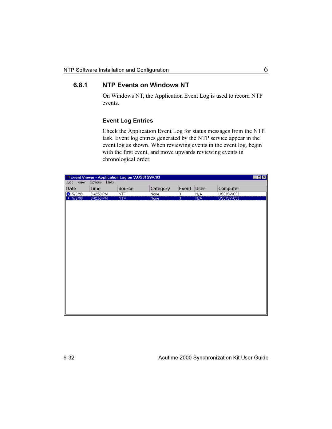 Trimble Outdoors Part Number 45005-00-ENG, AcutimeTM2000 Synchronization Kit NTP Events on Windows NT, Event Log Entries 