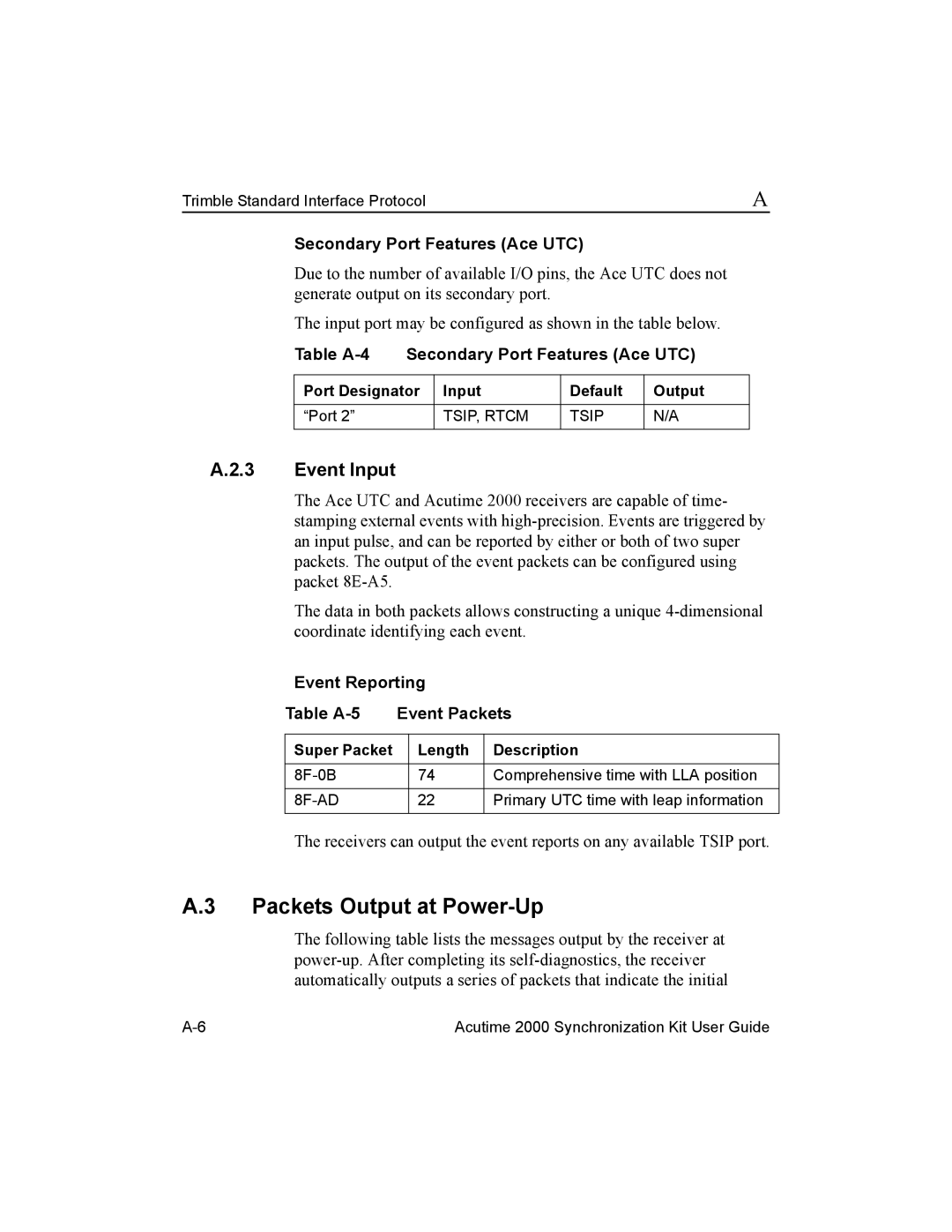 Trimble Outdoors Part Number 45005-00-ENG manual Packets Output at Power-Up, Secondary Port Features Ace UTC 