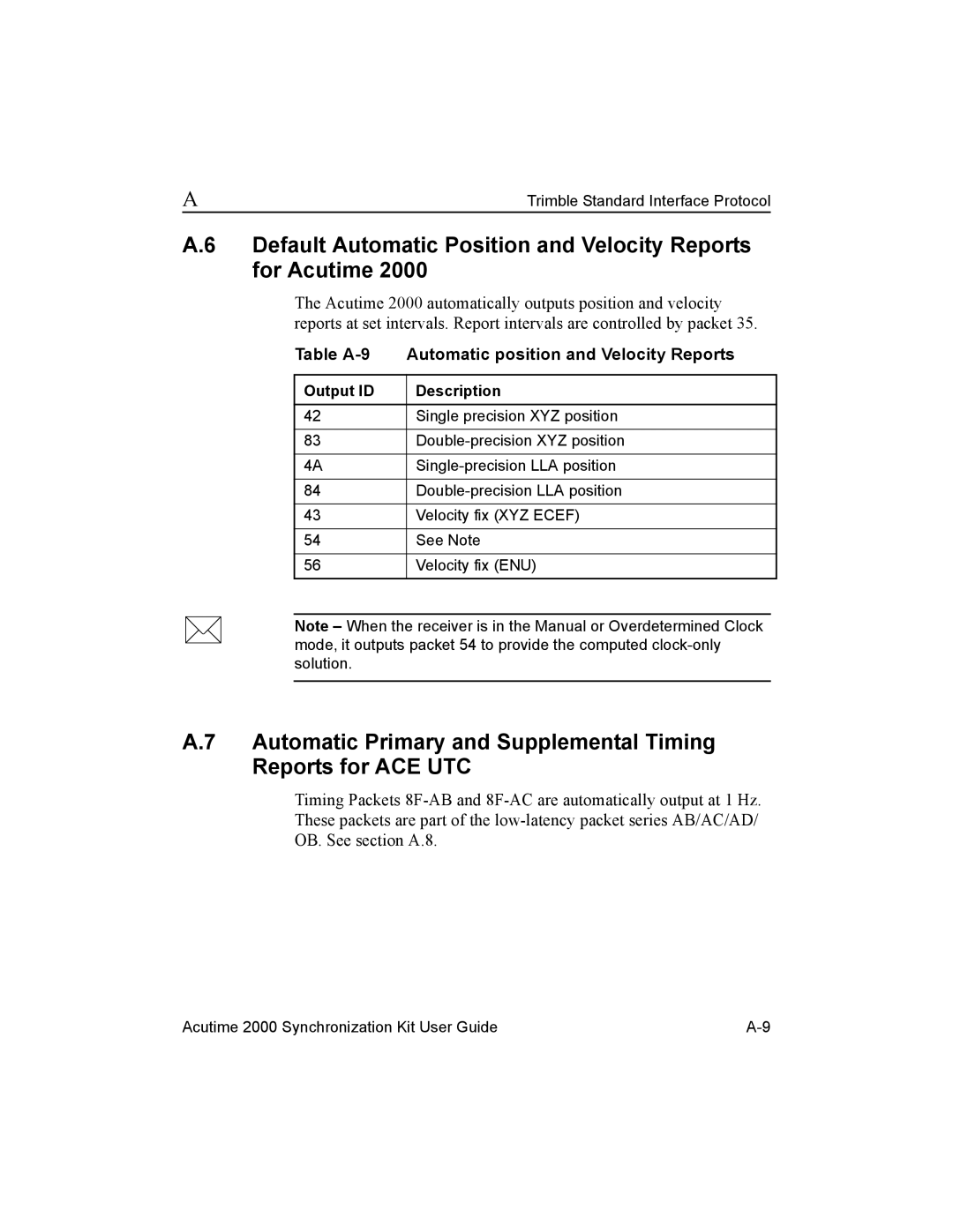 Trimble Outdoors AcutimeTM2000 Synchronization Kit manual Default Automatic Position and Velocity Reports for Acutime 