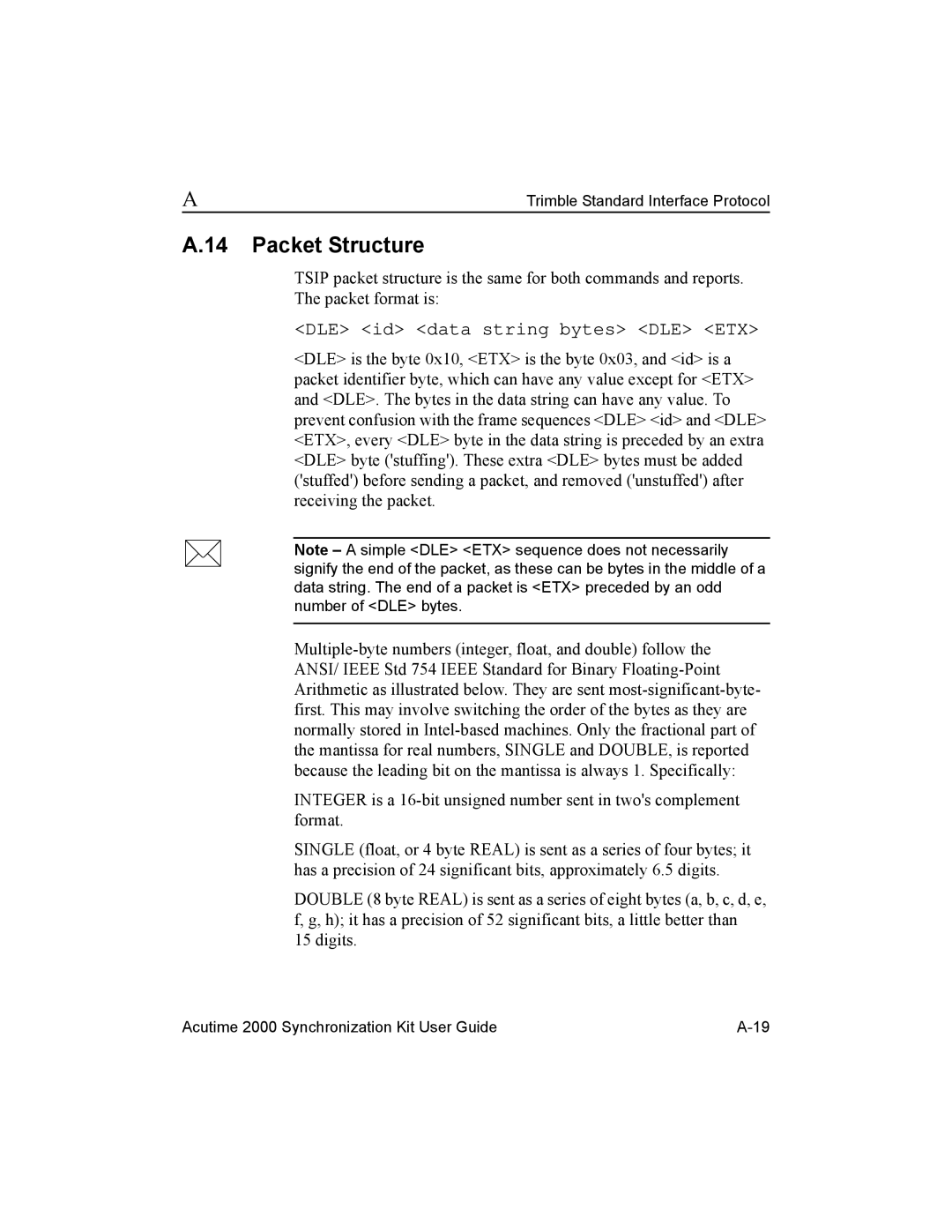 Trimble Outdoors AcutimeTM2000 Synchronization Kit manual Packet Structure, DLE id data string bytes DLE ETX 