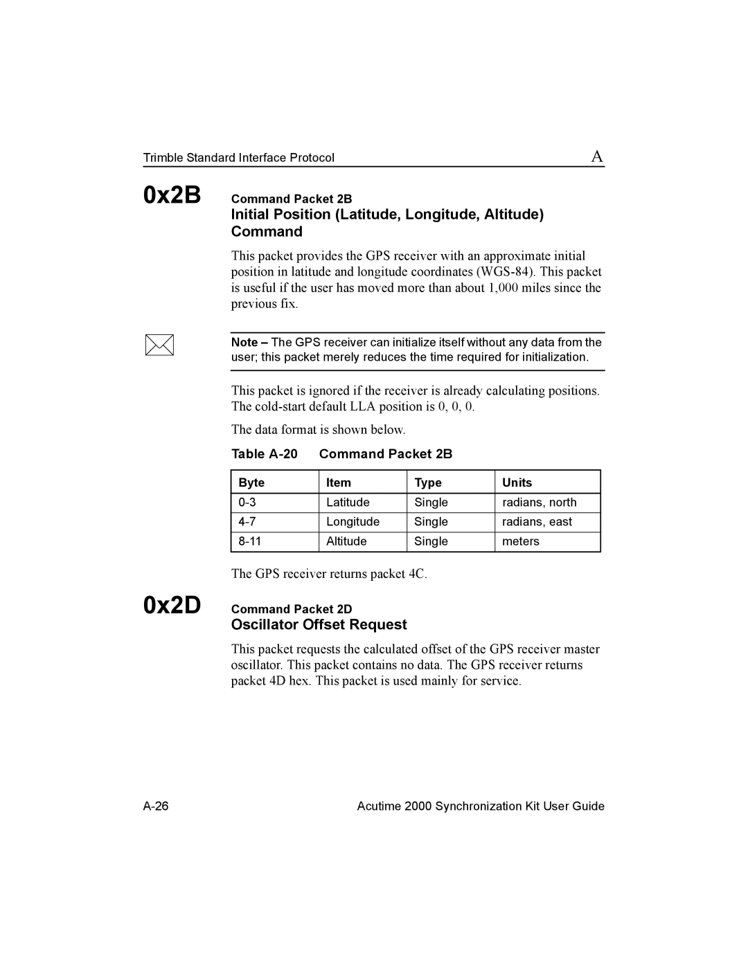 Trimble Outdoors Part Number 45005-00-ENG manual 0x2B 0x2D, Initial Position Latitude, Longitude, Altitude Command 