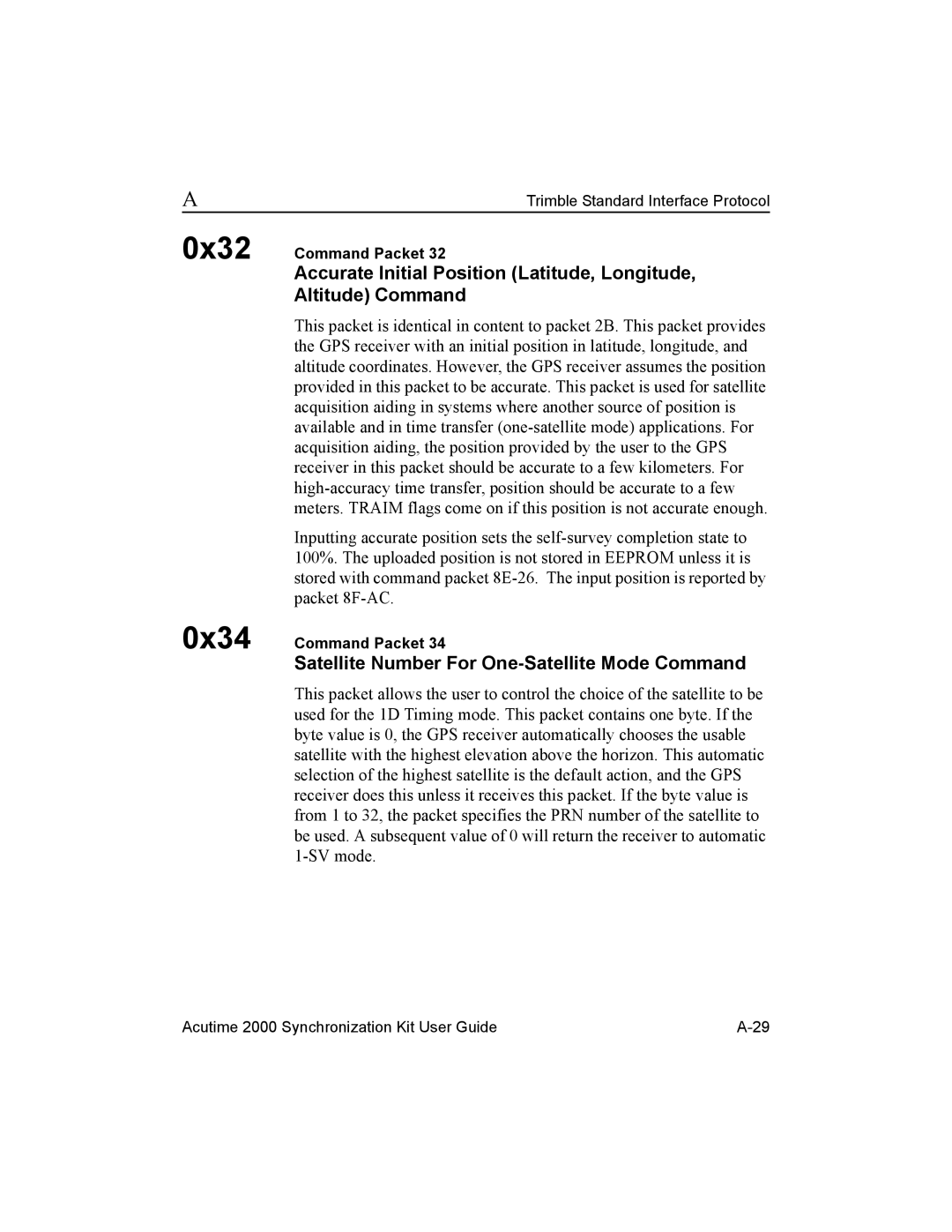 Trimble Outdoors AcutimeTM2000 Synchronization Kit manual 0x32 0x34, Satellite Number For One-Satellite Mode Command 