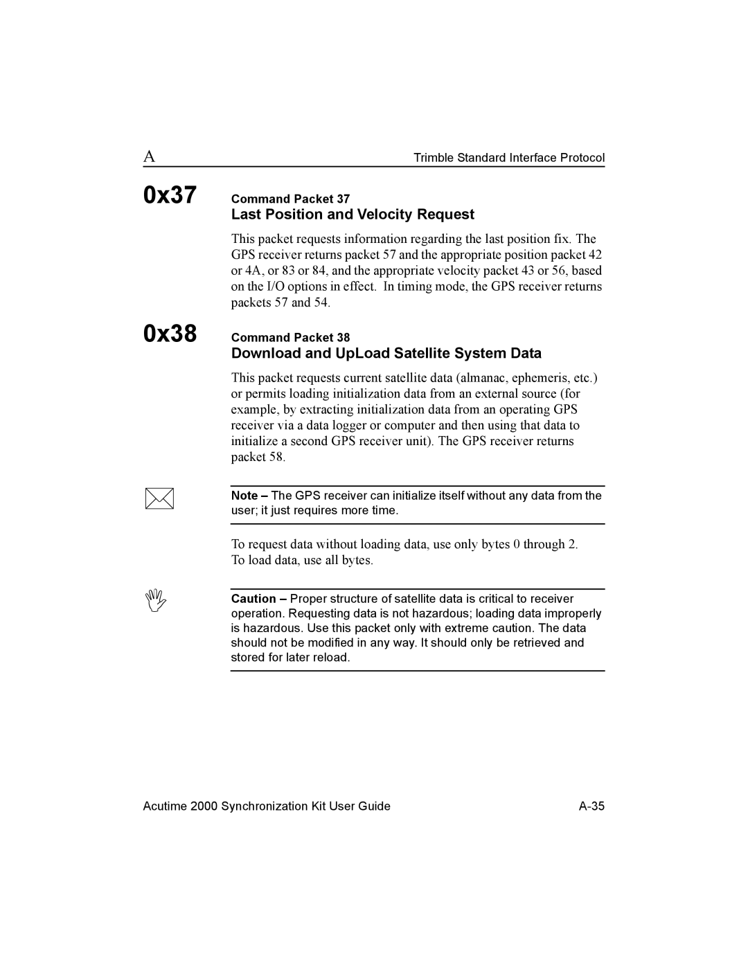 Trimble Outdoors AcutimeTM2000 Synchronization Kit, Part Number 45005-00-ENG 0x37 0x38, Last Position and Velocity Request 