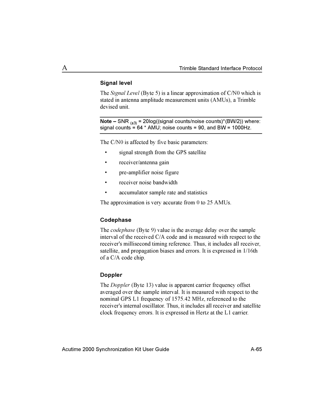 Trimble Outdoors AcutimeTM2000 Synchronization Kit, Part Number 45005-00-ENG manual Signal level, Codephase, Doppler 