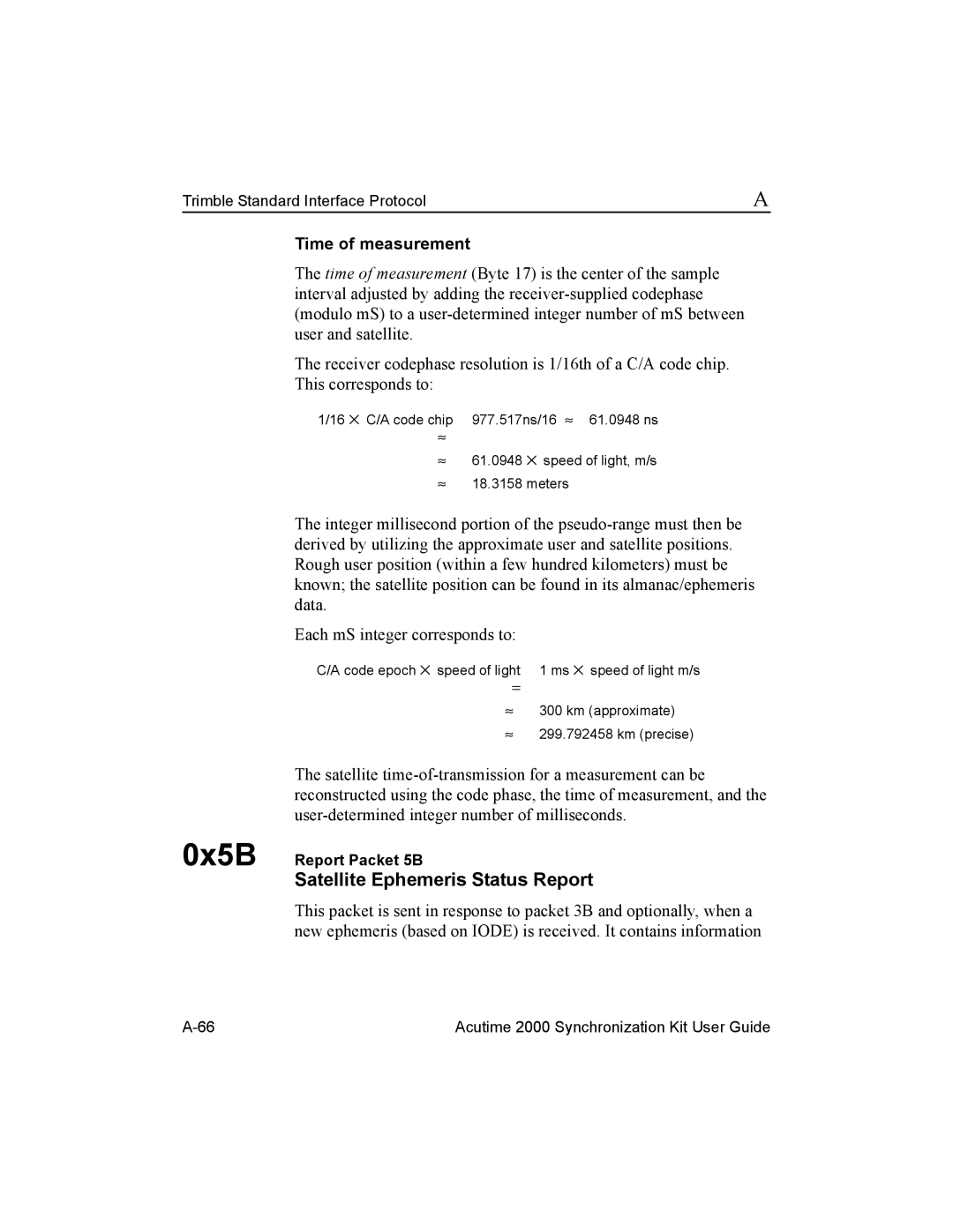 Trimble Outdoors Part Number 45005-00-ENG Satellite Ephemeris Status Report, Time of measurement, 0x5B Report Packet 5B 