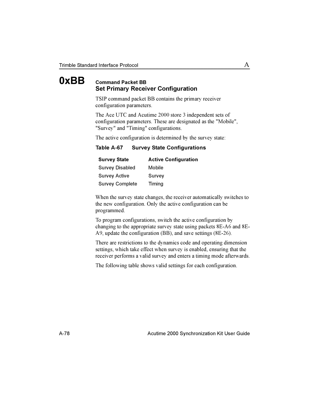 Trimble Outdoors Part Number 45005-00-ENG manual Set Primary Receiver Configuration, Table A-67 Survey State Configurations 