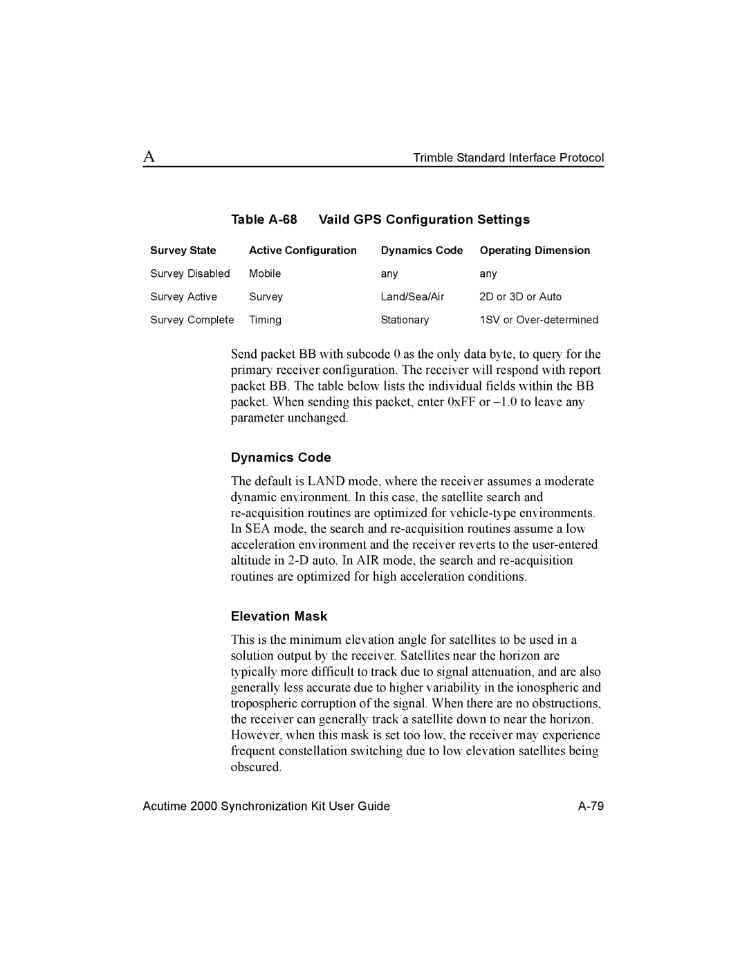 Trimble Outdoors AcutimeTM2000 Synchronization Kit manual Table A-68 Vaild GPS Configuration Settings, Dynamics Code 