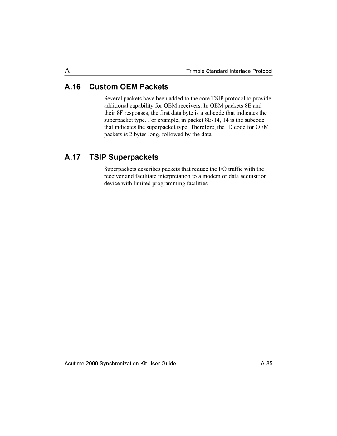 Trimble Outdoors AcutimeTM2000 Synchronization Kit, Part Number 45005-00-ENG manual Custom OEM Packets, Tsip Superpackets 