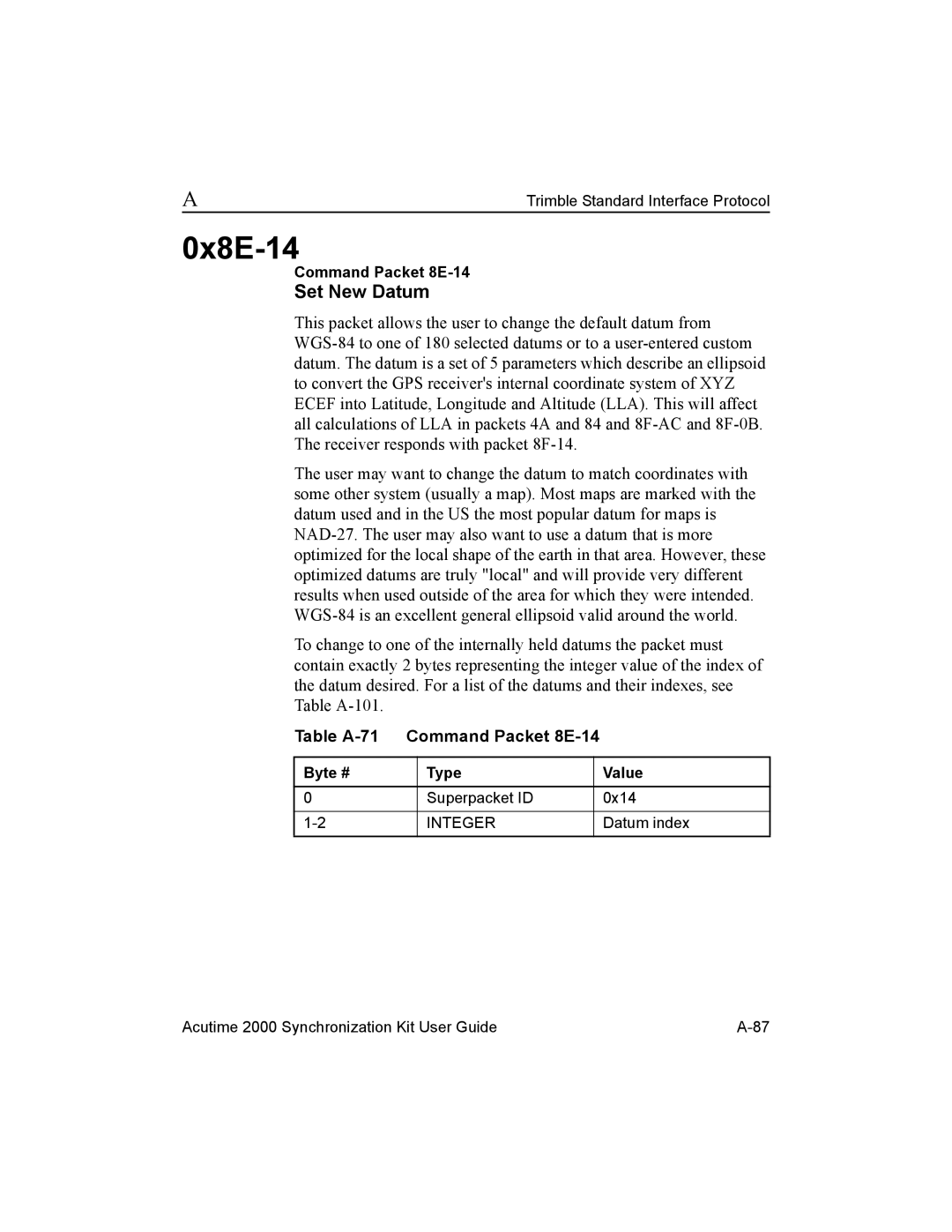 Trimble Outdoors AcutimeTM2000 Synchronization Kit manual 0x8E-14, Set New Datum, Table A-71 Command Packet 8E-14 