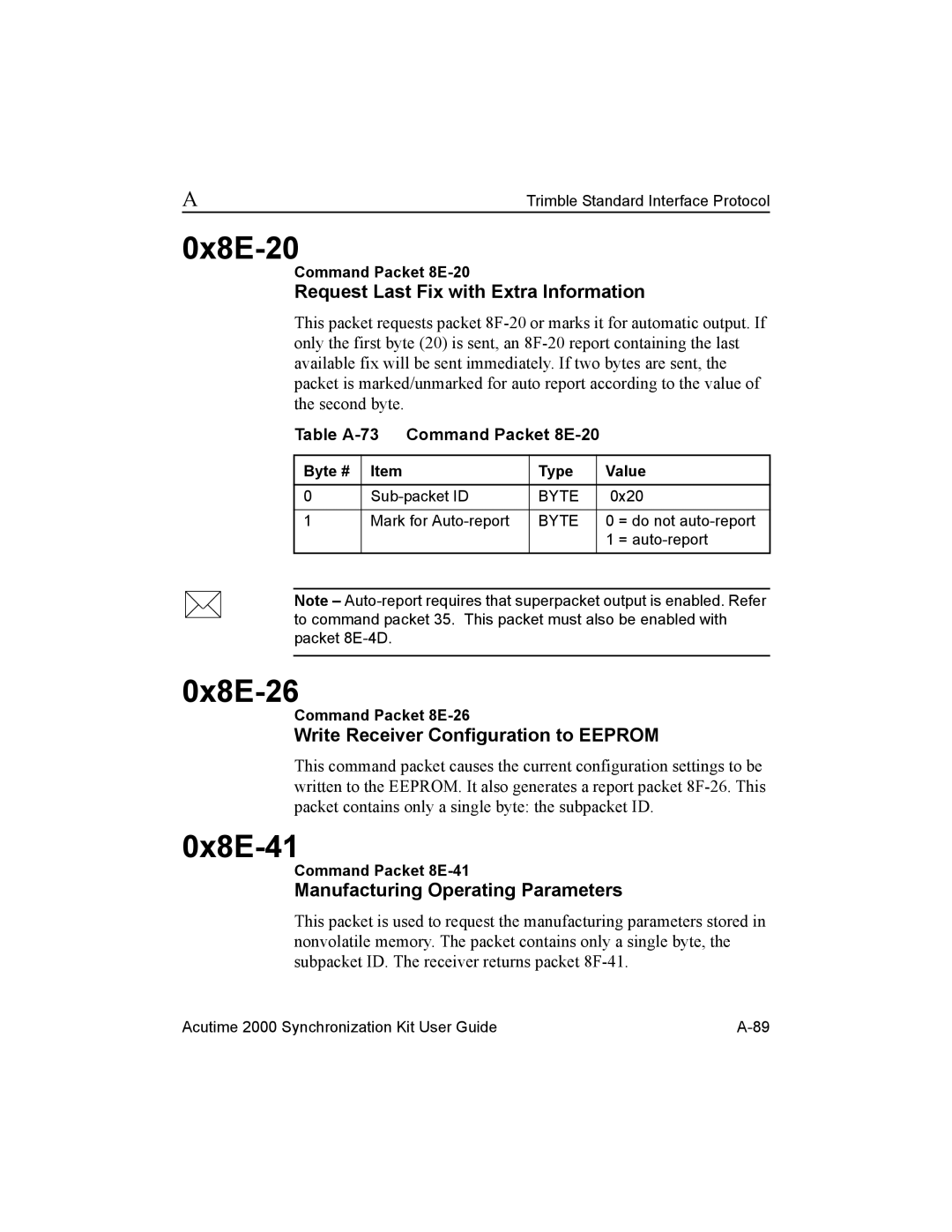 Trimble Outdoors AcutimeTM2000 Synchronization Kit, Part Number 45005-00-ENG manual 0x8E-20, 0x8E-26, 0x8E-41 