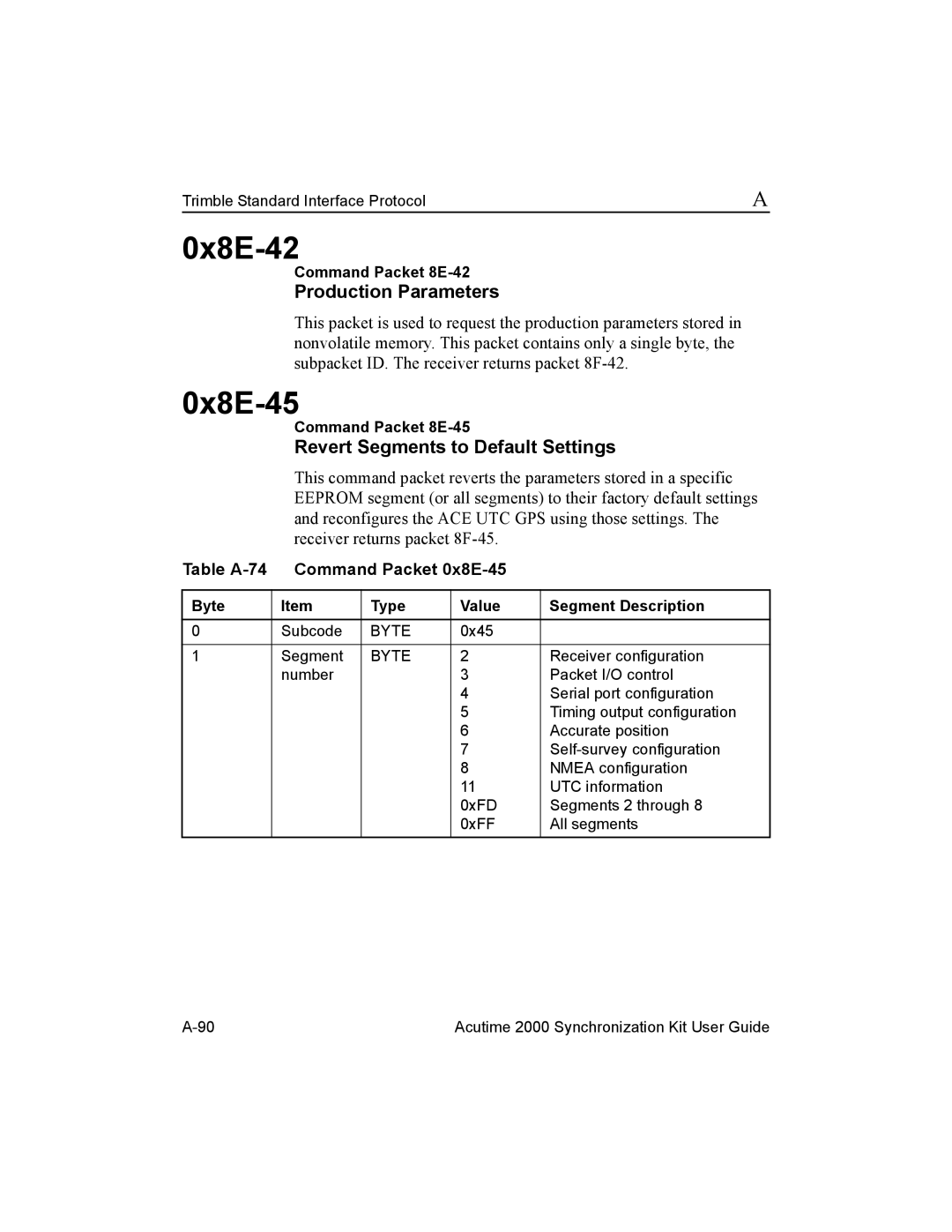 Trimble Outdoors Part Number 45005-00-ENG 0x8E-42, 0x8E-45, Production Parameters, Revert Segments to Default Settings 