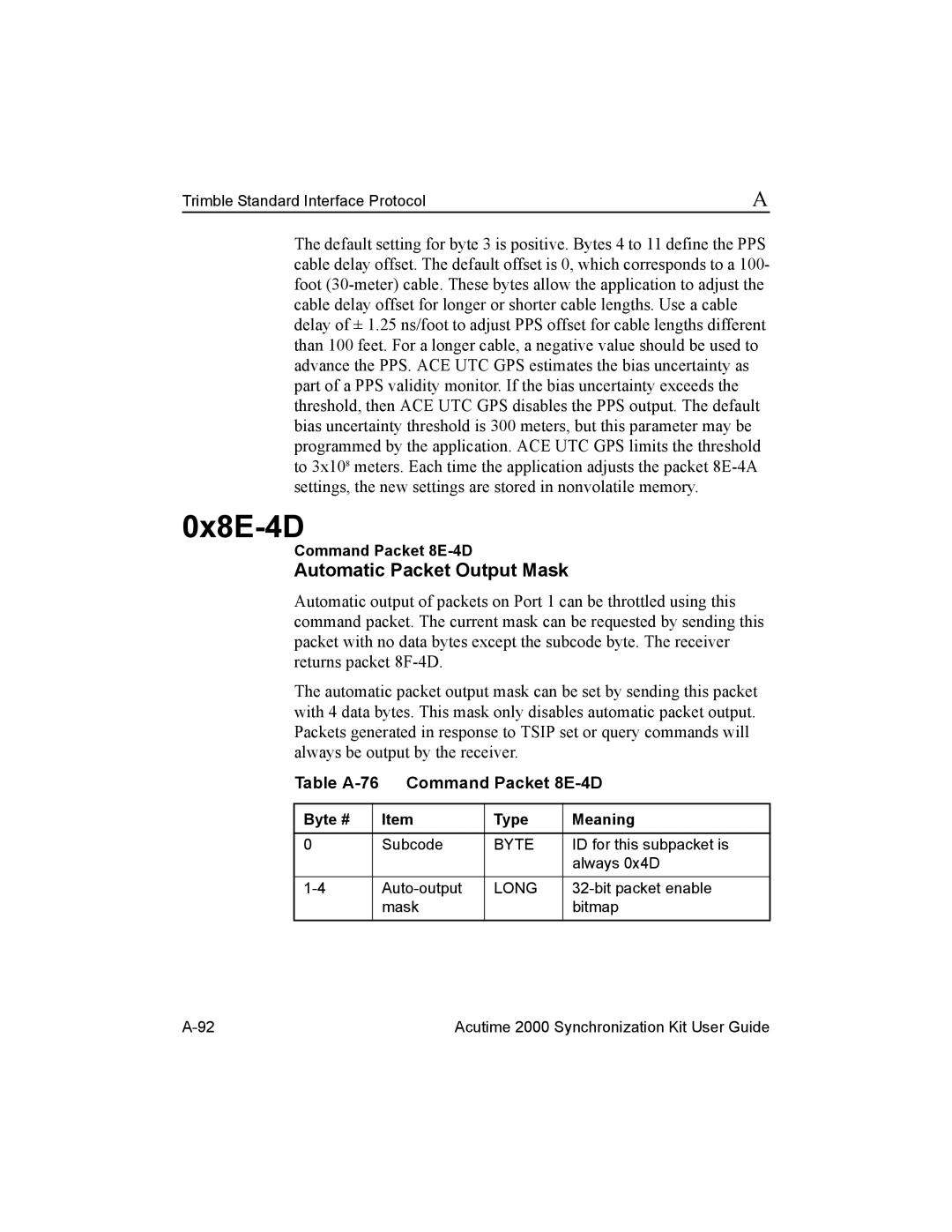Trimble Outdoors Part Number 45005-00-ENG manual 0x8E-4D, Automatic Packet Output Mask, Table A-76 Command Packet 8E-4D 