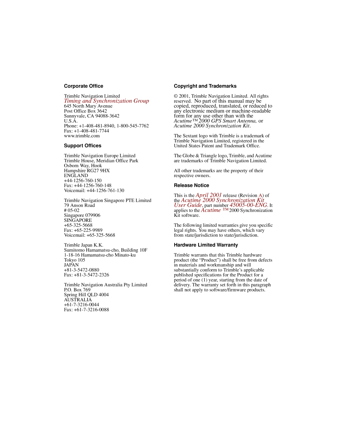 Trimble Outdoors Part Number 45005-00-ENG, AcutimeTM2000 Synchronization Kit manual Timing and Synchronization Group 