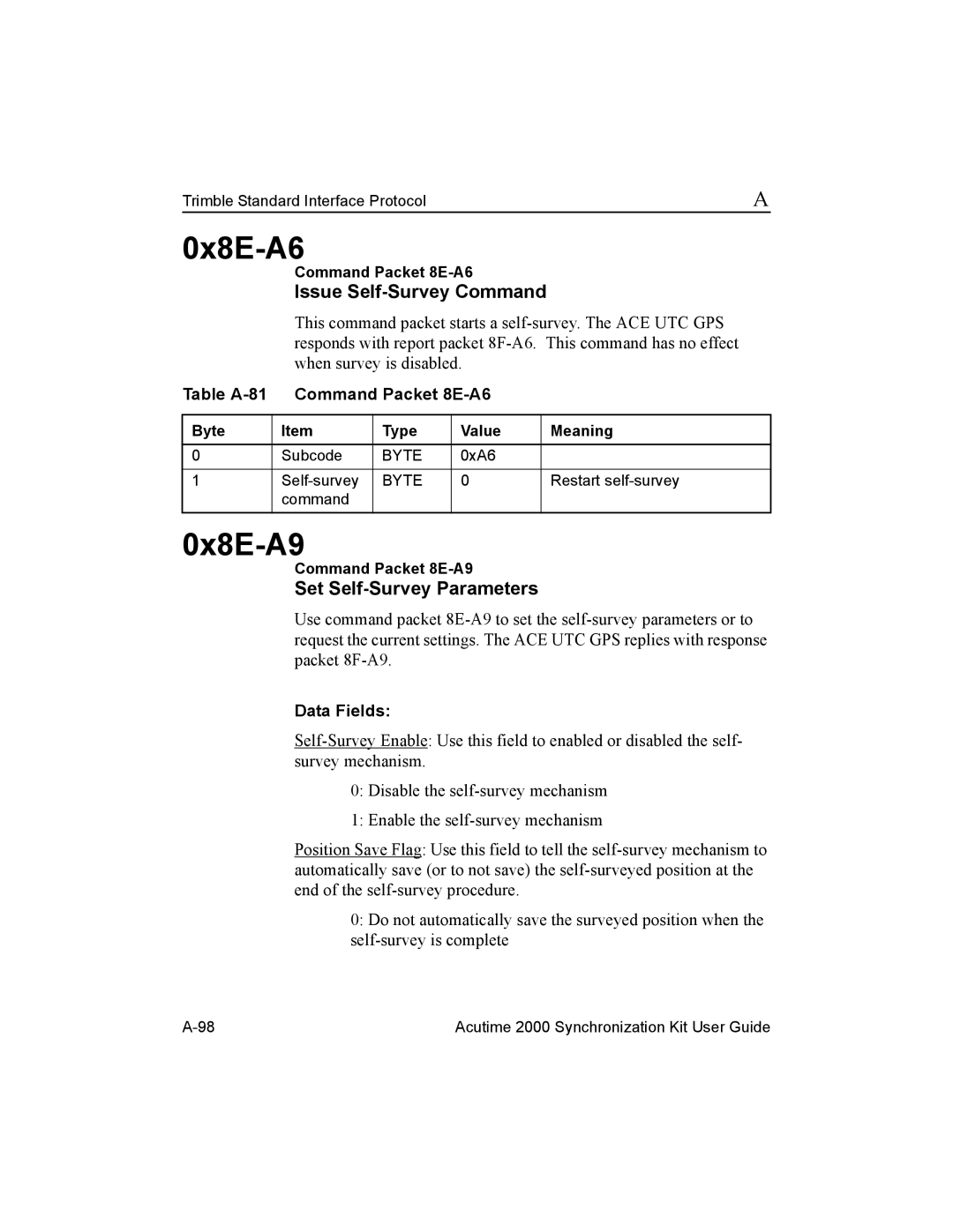 Trimble Outdoors Part Number 45005-00-ENG manual 0x8E-A6, 0x8E-A9, Issue Self-Survey Command, Set Self-Survey Parameters 