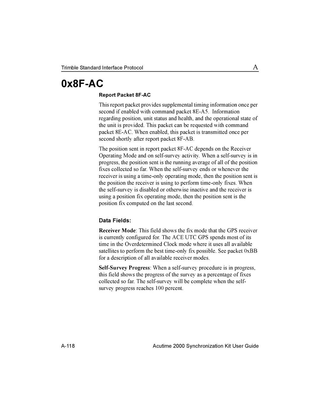 Trimble Outdoors Part Number 45005-00-ENG, AcutimeTM2000 Synchronization Kit manual 0x8F-AC, Report Packet 8F-AC 